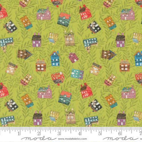 Tissu en coton Paper Hamlet Sprout avec maisons éparpillées - 44"/45" par yard