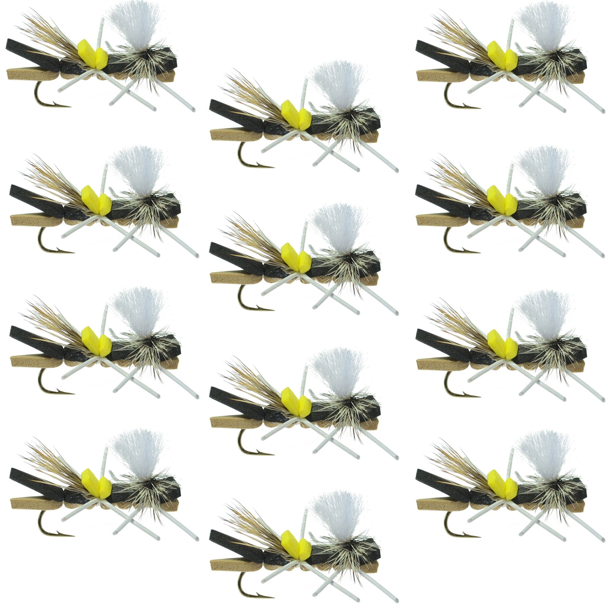 Chernobyl Ant Black Tan Foam Grasshopper Flies - 12 Pack, Size 10 - Korvel