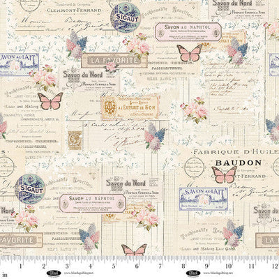 Tissus en coton Ecru avec étiquettes et papillons Parisian Snippets