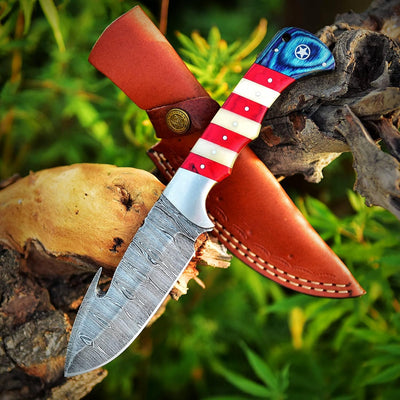 Patriotic Custom Damascus Skinning Knife with American Flag Handle - Korvel