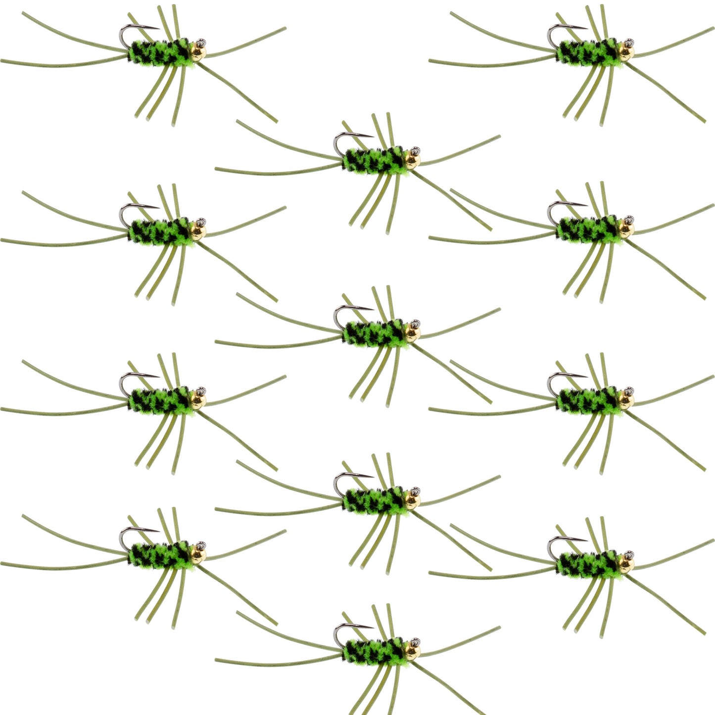 Premium Barbless Pat's Rubber Legs Tungsten Jigged Flies - Black/Chartreuse, Set of 12 (Size 10) - Korvel