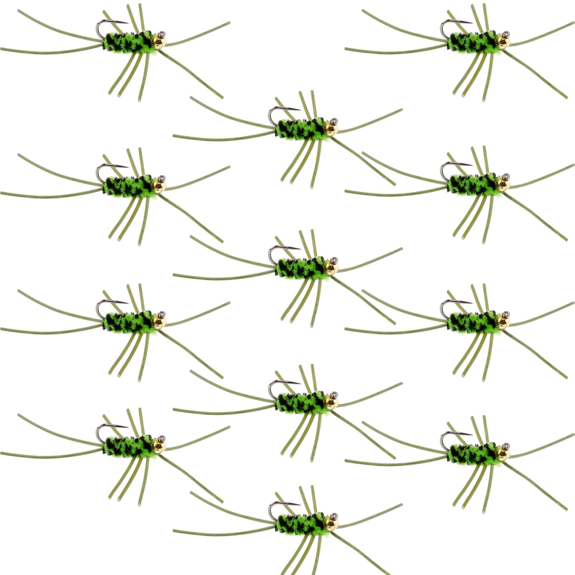 Premium Barbless Pat's Rubber Legs Tungsten Jigged Flies - Black/Chartreuse, Set of 12 (Size 10) - Korvel