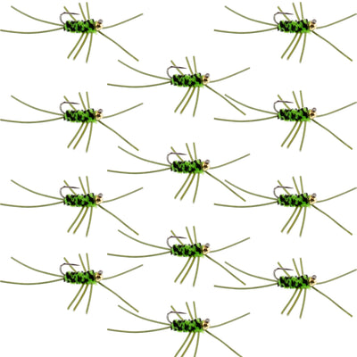 Premium Barbless Pat's Rubber Legs Tungsten Jigged Flies - Black/Chartreuse, Set of 12 (Size 10) - Korvel