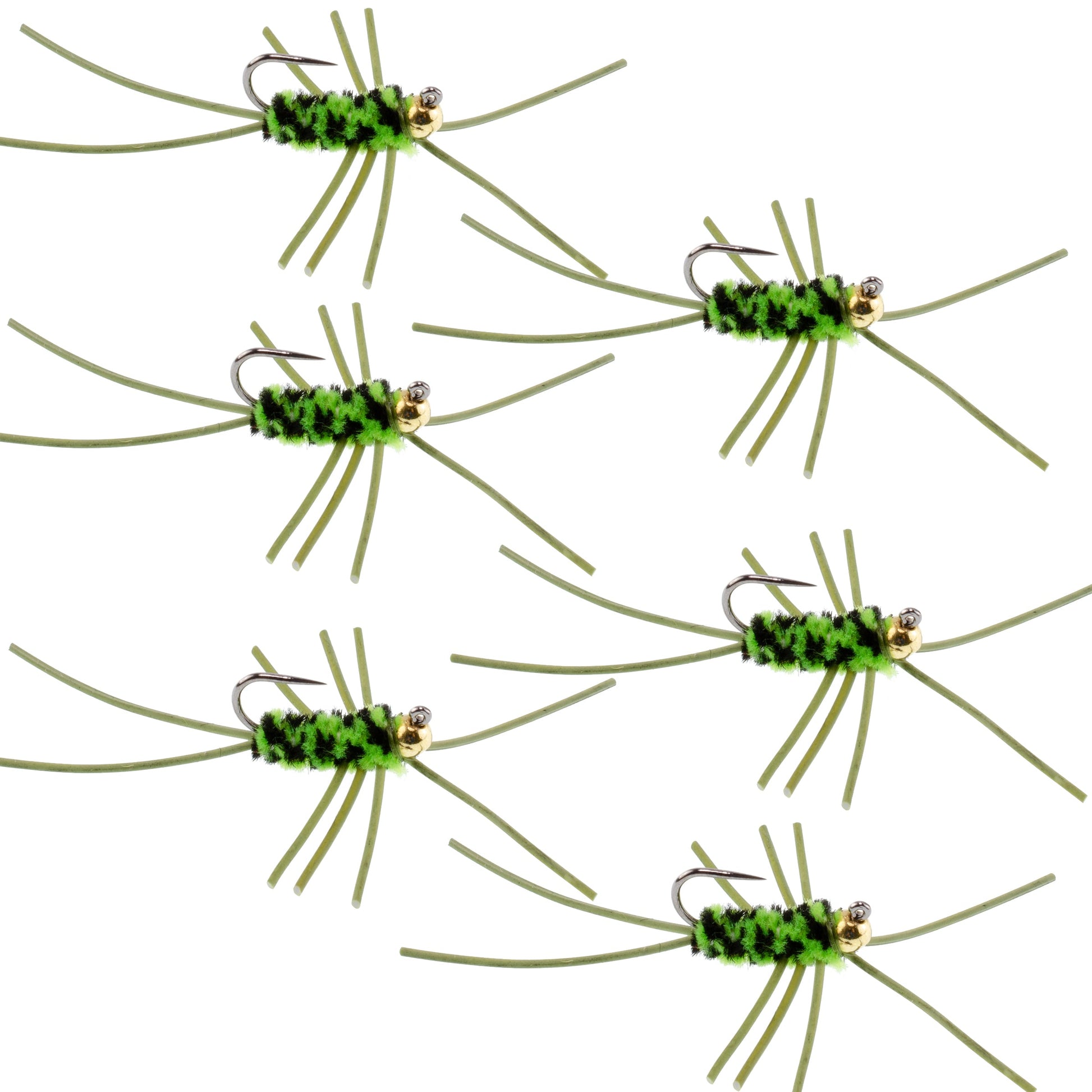 Premium Tungsten Bead Barbless Pat's Rubber Legs Nymph - Black/Chartreuse - Set of 6, Size 10 - Korvel