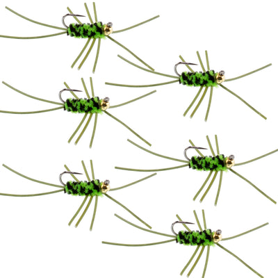 Premium Tungsten Bead Barbless Pat's Rubber Legs Nymph - Black/Chartreuse - Set of 6, Size 10 - Korvel