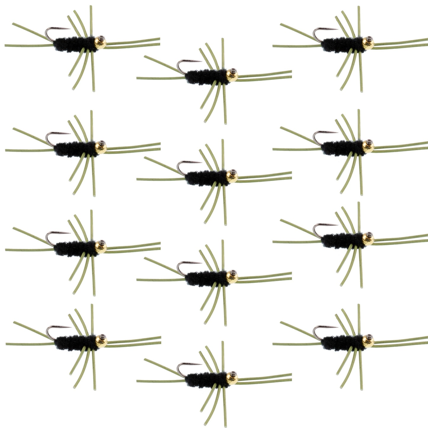 Premium Barbless Pat's Rubber Legs Tungsten Bead Jigged Black Euro Nymph - 12 Pack Size 10 - Korvel