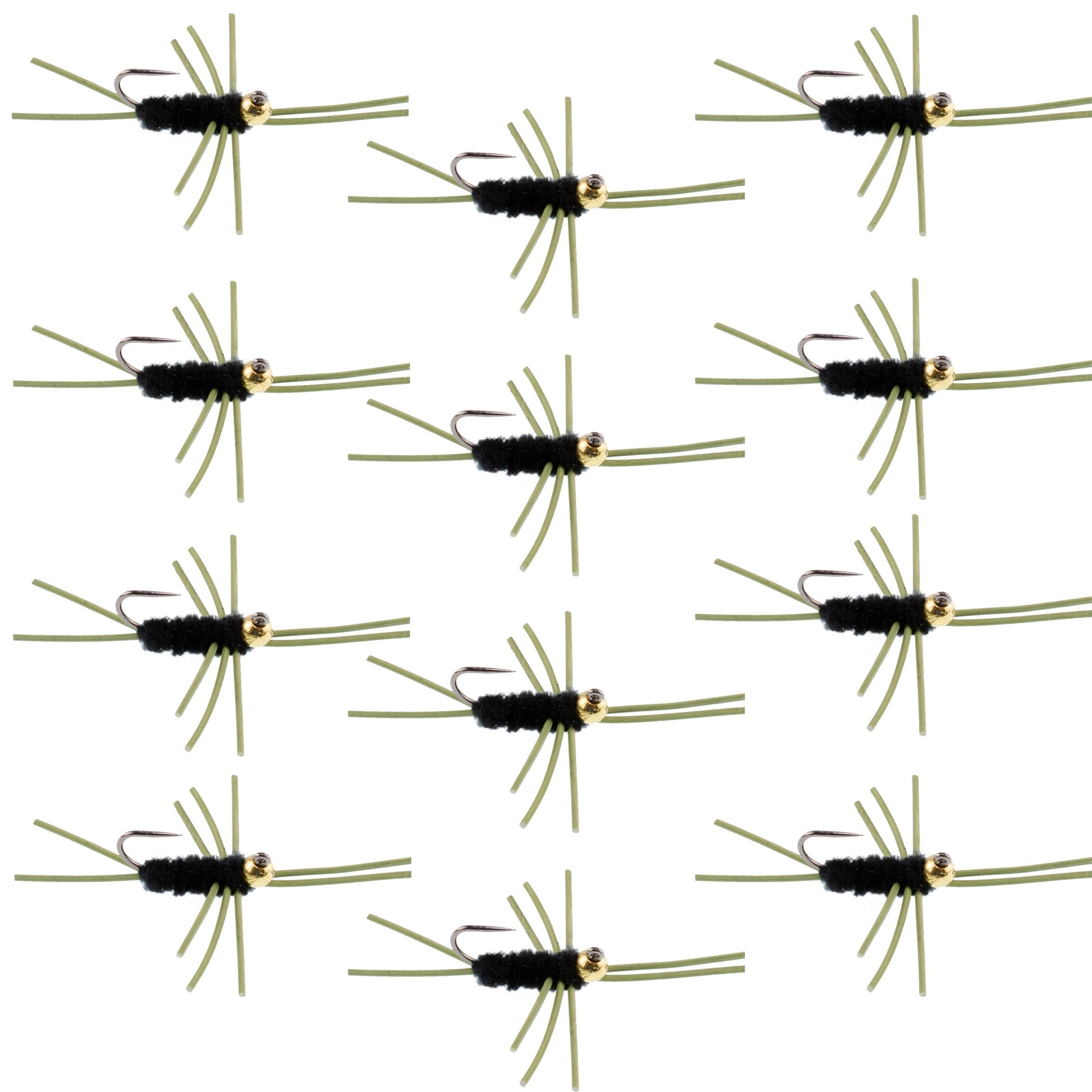 Premium Barbless Pat's Rubber Legs Tungsten Bead Jigged Black Euro Nymph - 12 Pack Size 10 - Korvel