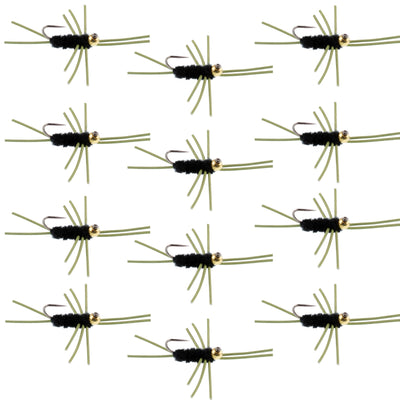 Premium Barbless Pat's Rubber Legs Tungsten Bead Jigged Black Euro Nymph - 12 Pack Size 10 - Korvel