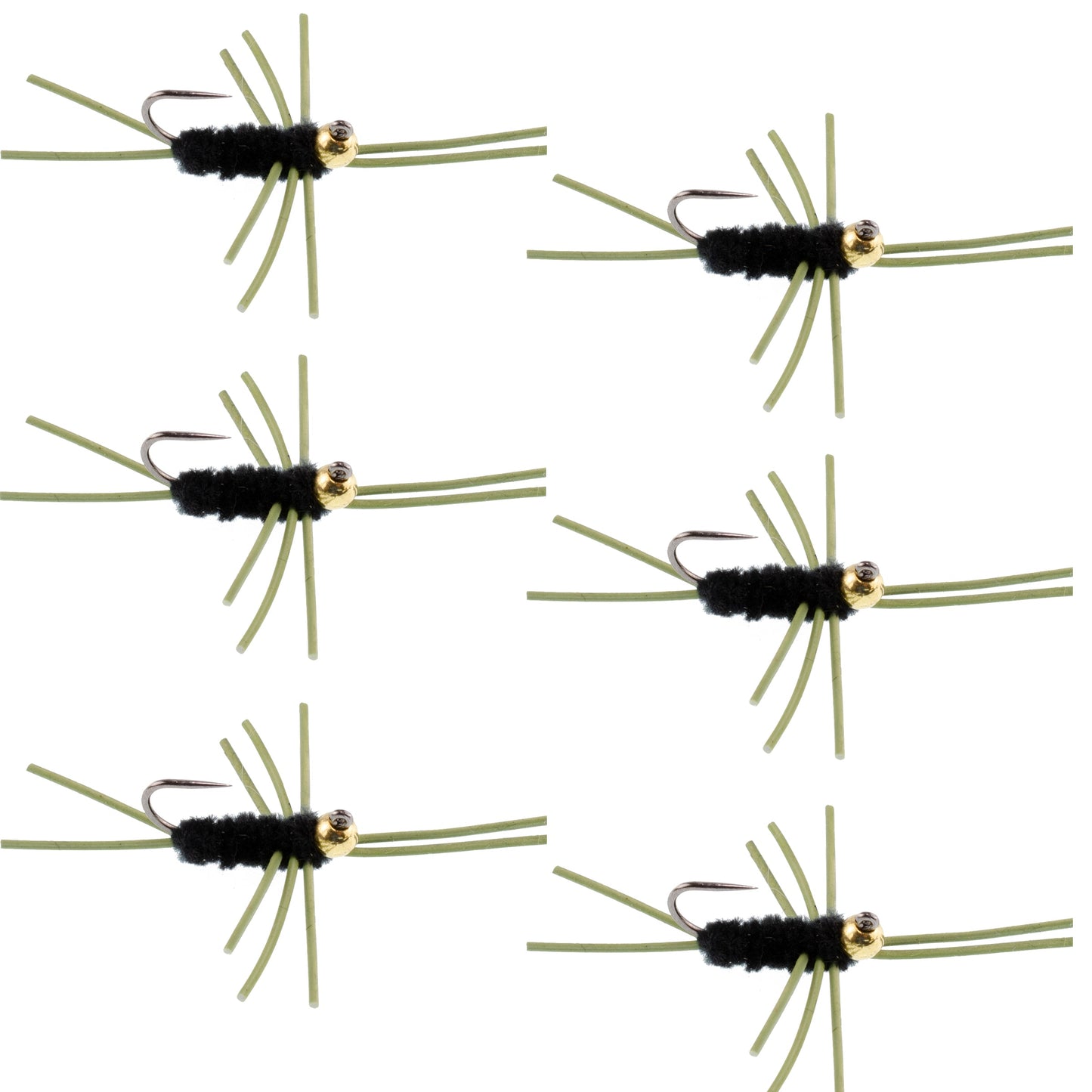 Premium Barbless Pat's Rubber Legs Tungsten Bead Jigged Black Euro Nymph - Pack of 6 Size 10 Flies - Korvel