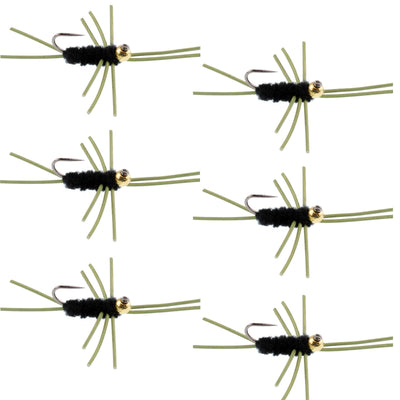 Premium Barbless Pat's Rubber Legs Tungsten Bead Jigged Black Euro Nymph - Pack of 6 Size 10 Flies - Korvel