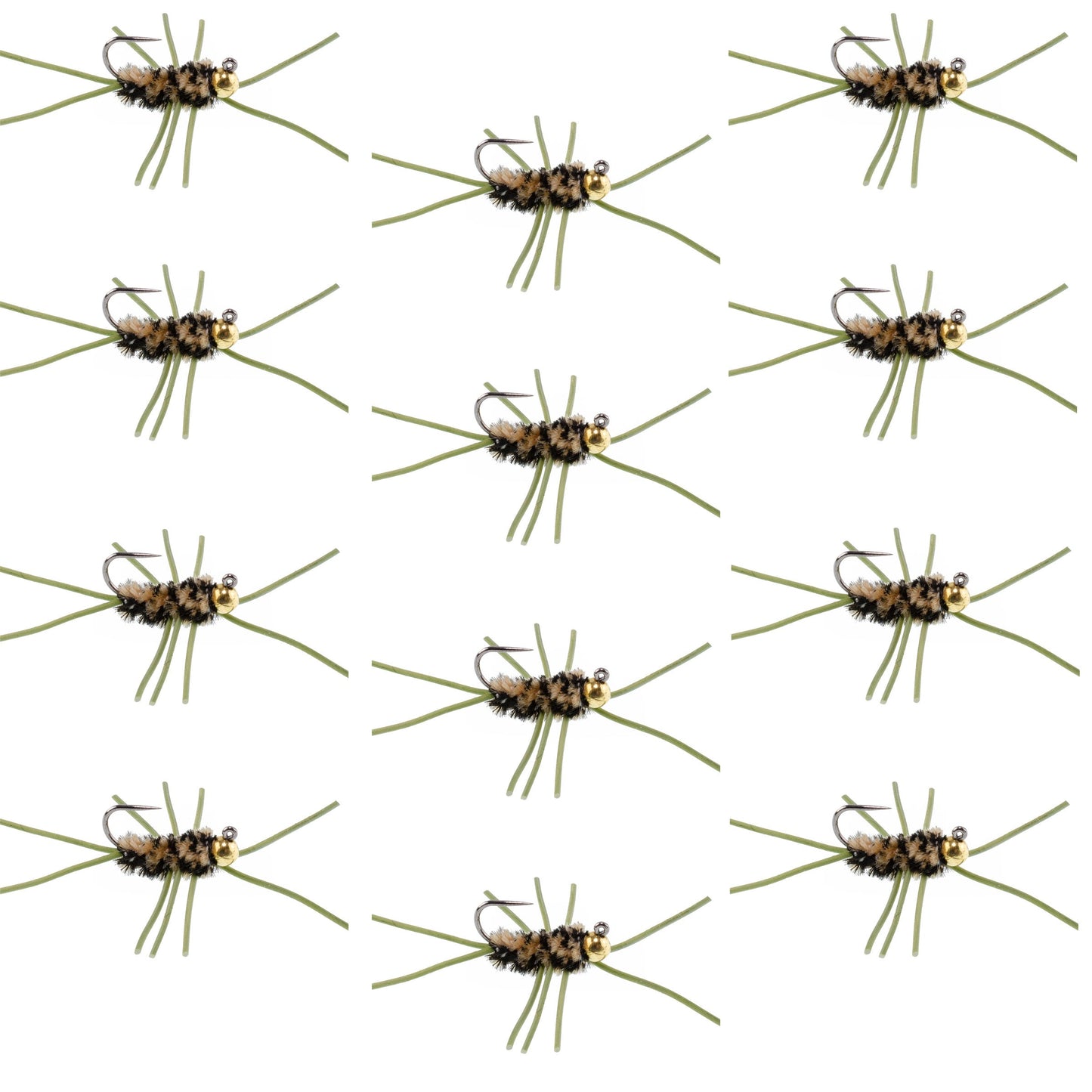 Premium Tungsten Bead Barbless Pat's Rubber Legs Nymphs - Coffee/Black - 12 Pack Size 10 - Korvel