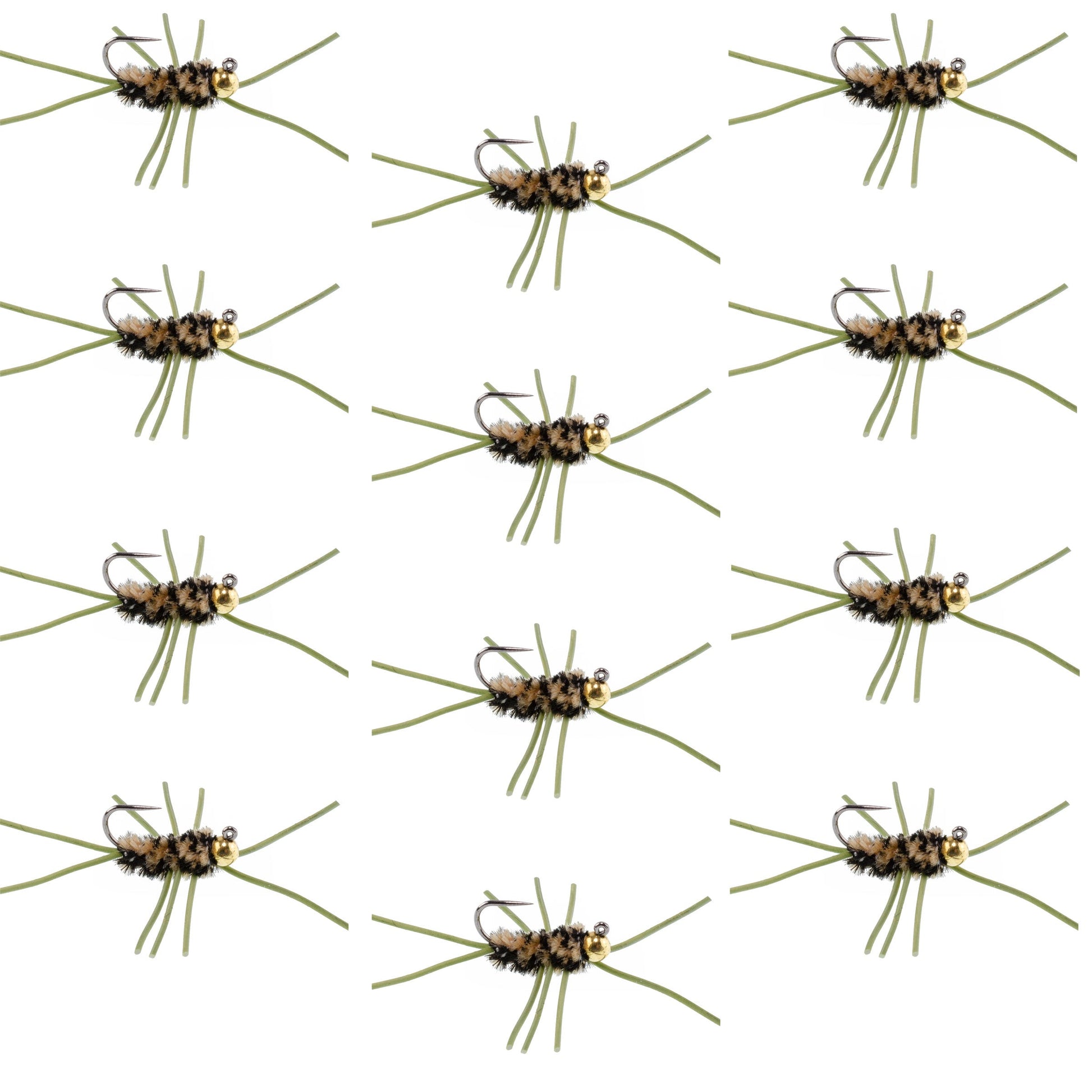 Premium Tungsten Bead Barbless Pat's Rubber Legs Nymphs - Coffee/Black - 12 Pack Size 10 - Korvel