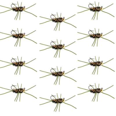 Premium Tungsten Bead Barbless Pat's Rubber Legs Nymphs - Coffee/Black - 12 Pack Size 10 - Korvel