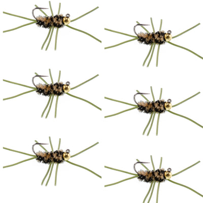 Premium Tungsten Bead Barbless Pat's Rubber Legs Nymphs - Coffee/Black - Set of 6 Size 10 - Korvel