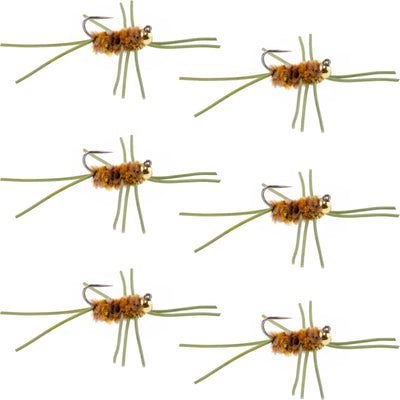 Premium Tungsten Bead Barbless Pat's Rubber Legs Nymphs - Coffee/Tan - Set of 6 Size 10 Flies - Korvel
