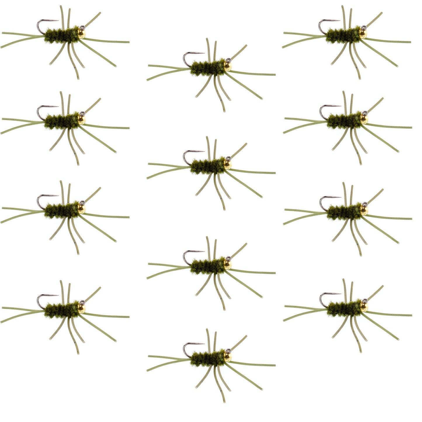 Premium Tungsten Bead Barbless Pat's Rubber Legs Nymphs - Dark Olive, Set of 12 (Size 10) - Korvel