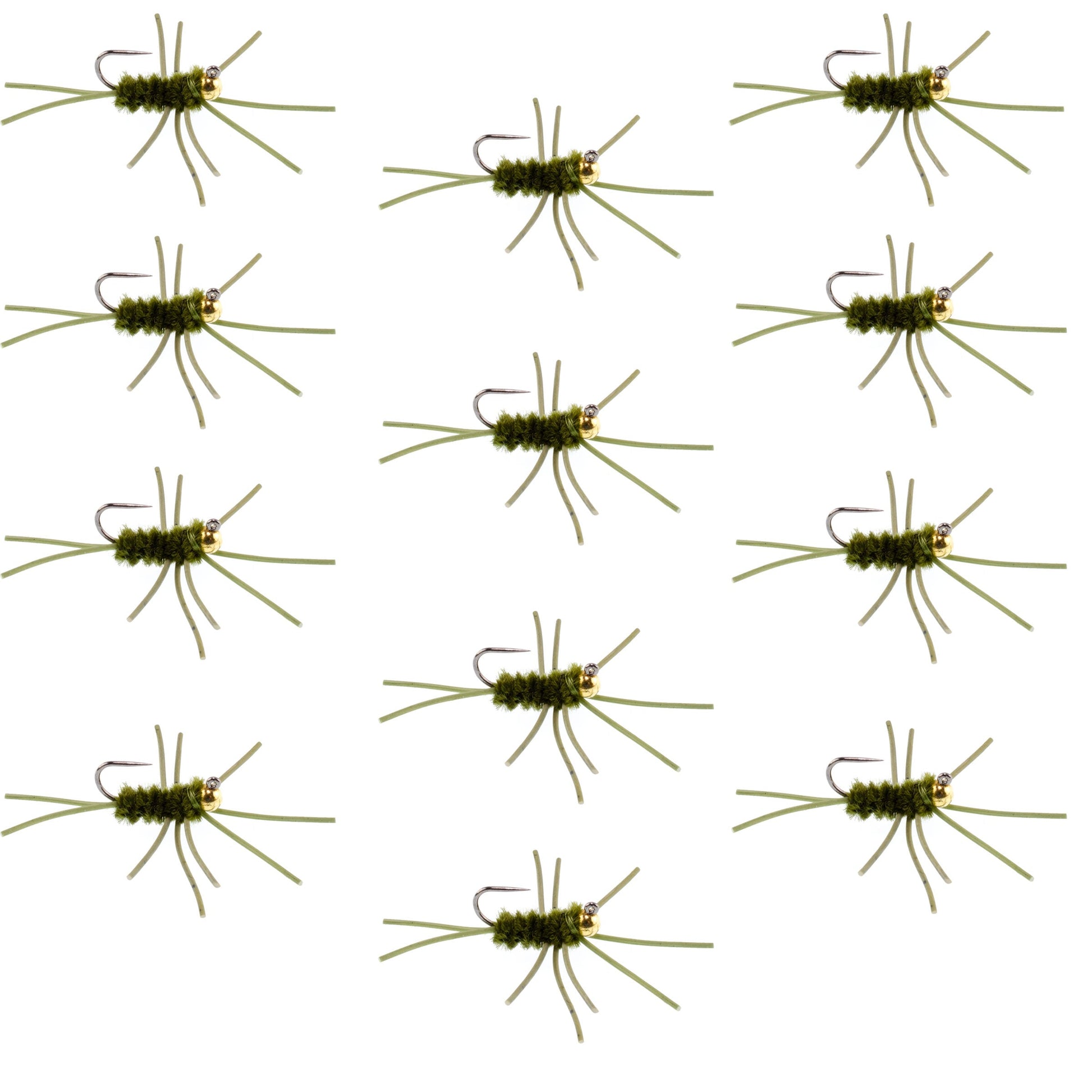 Premium Tungsten Bead Barbless Pat's Rubber Legs Nymphs - Dark Olive, Set of 12 (Size 10) - Korvel