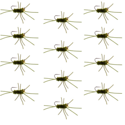 Premium Tungsten Bead Barbless Pat's Rubber Legs Nymphs - Dark Olive, Set of 12 (Size 10) - Korvel