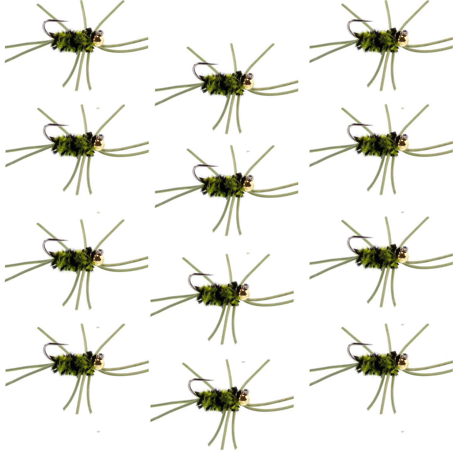 Premium Tungsten Bead Barbless Pat's Rubber Legs Nymphs - Black/Olive - 12 Pack Size 10 - Korvel
