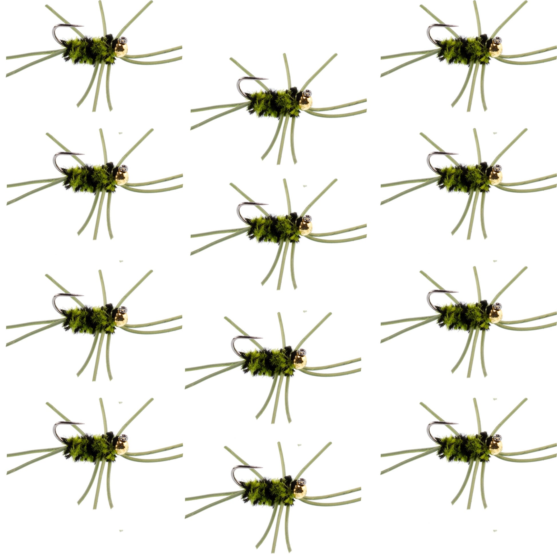Premium Tungsten Bead Barbless Pat's Rubber Legs Nymphs - Black/Olive - 12 Pack Size 10 - Korvel