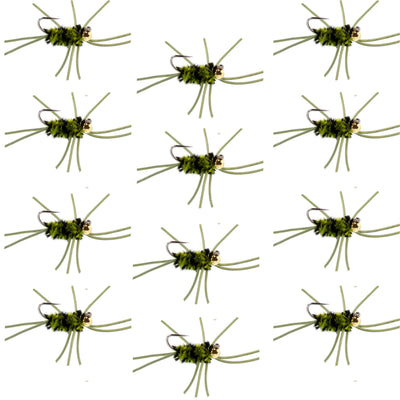 Premium Tungsten Bead Barbless Pat's Rubber Legs Nymphs - Black/Olive - 12 Pack Size 10 - Korvel