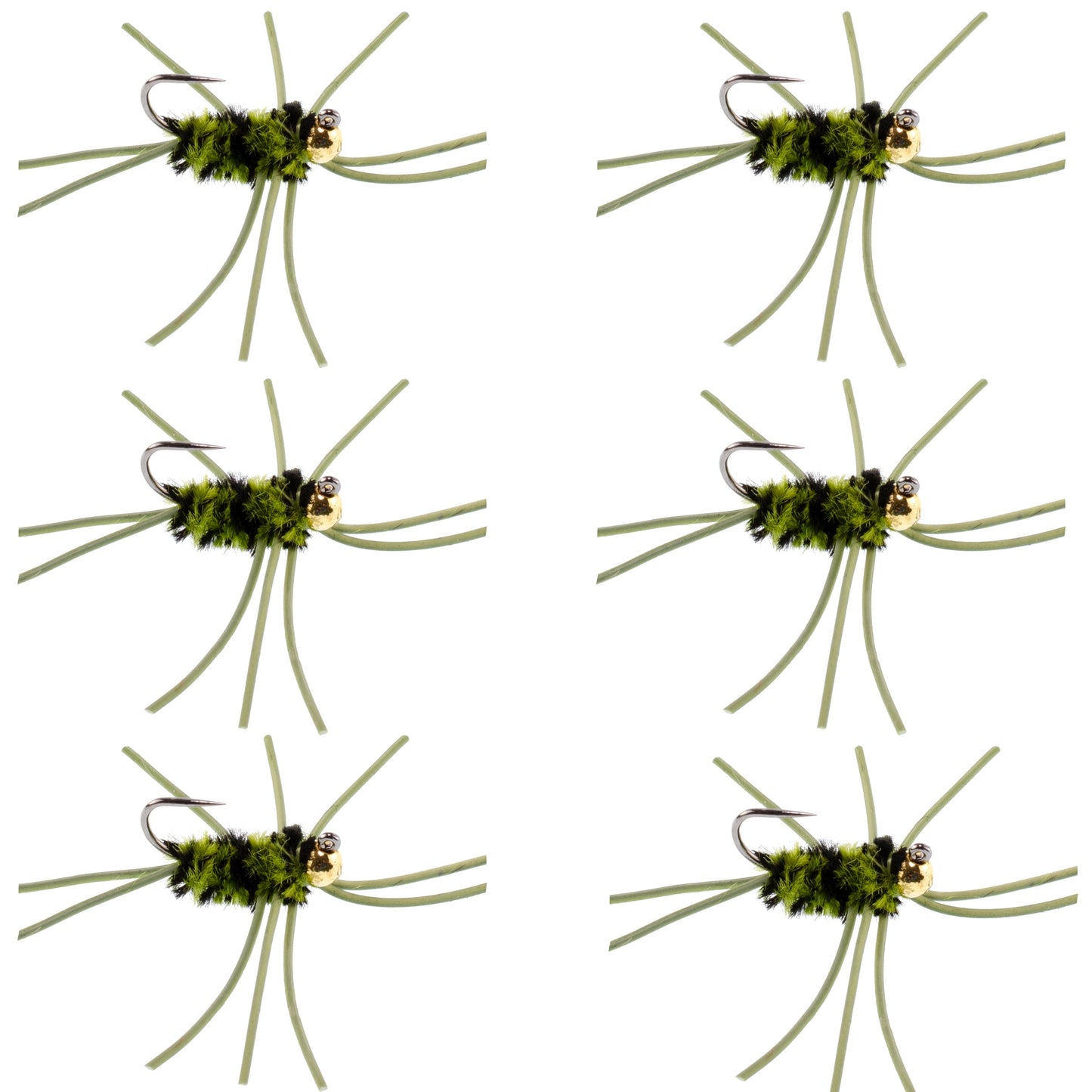 Premium Tungsten Bead Barbless Pat's Rubber Legs Nymphs - Olive/Black - Set of 6 Size 10 Flies - Korvel