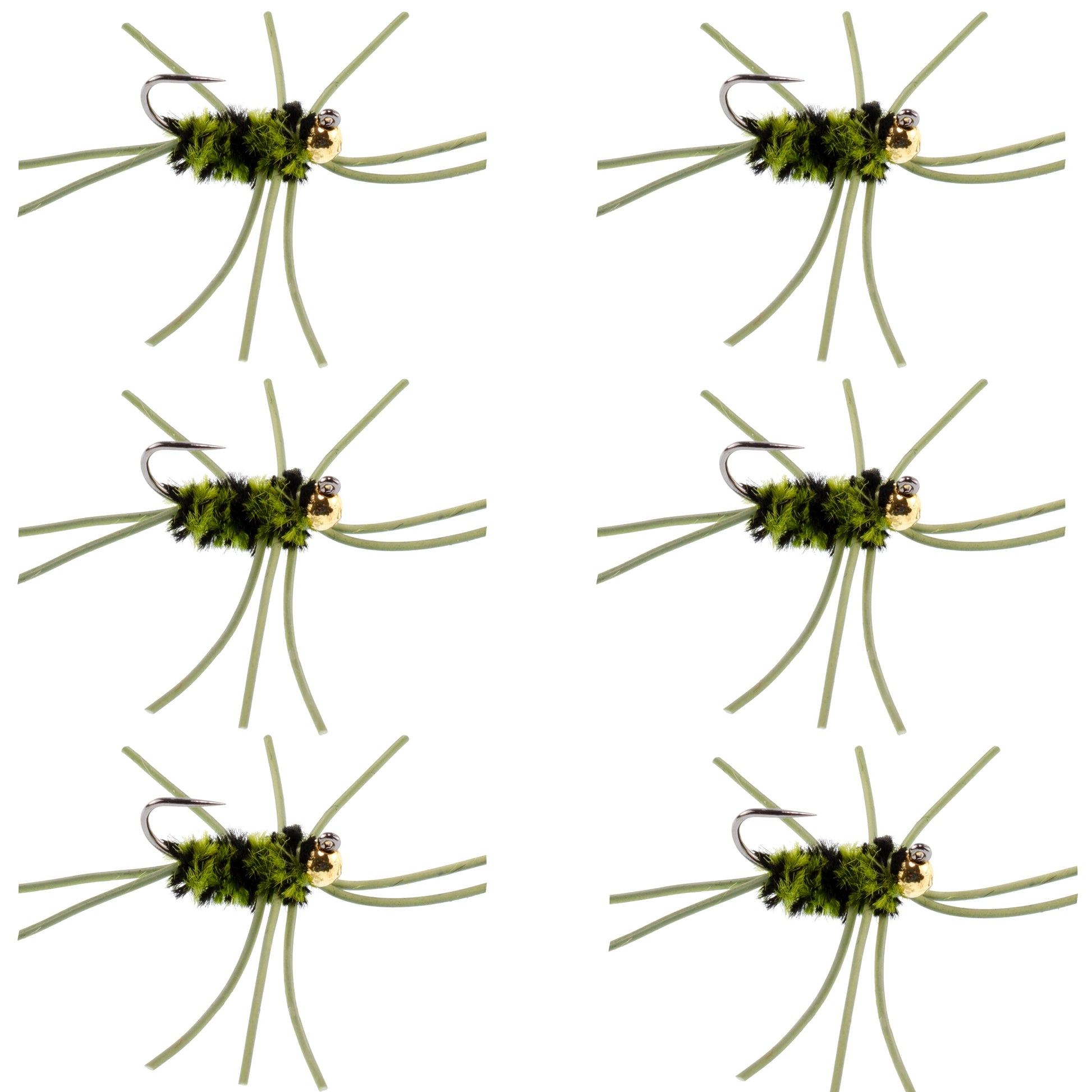 Premium Tungsten Bead Barbless Pat's Rubber Legs Nymphs - Olive/Black - Set of 6 Size 10 Flies - Korvel