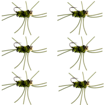 Premium Tungsten Bead Barbless Pat's Rubber Legs Nymphs - Olive/Black - Set of 6 Size 10 Flies - Korvel