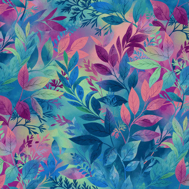 Tissu en coton à feuilles ombrées multicolores Paon - 43"/44" par yard