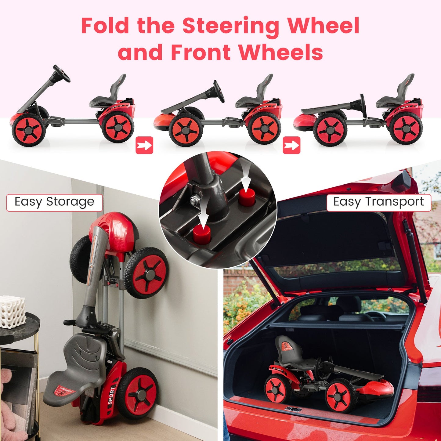 Pedal Powered 4-Wheel Toy Car with Adjustable Features - Red