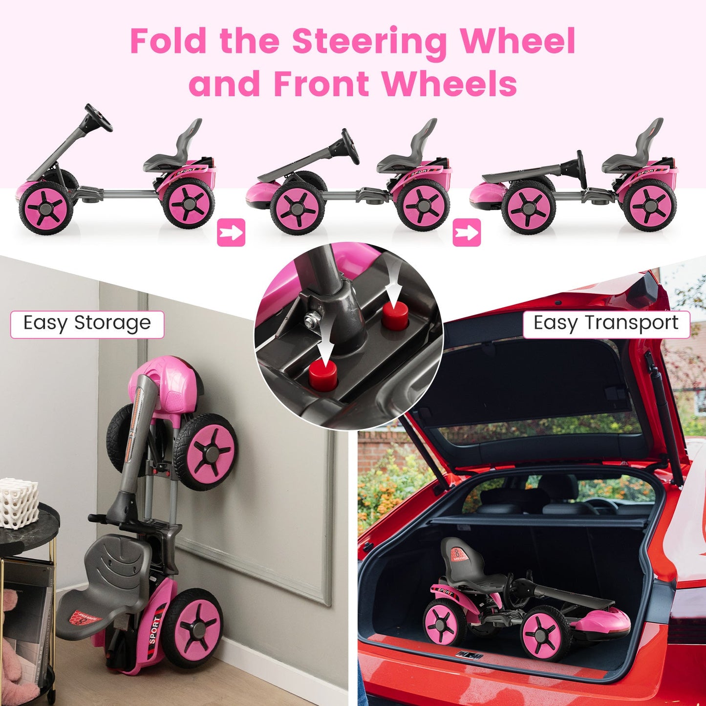 Coche de Juguete de 4 Ruedas a Pedales - Dirección y Asiento Ajustables - Rosa