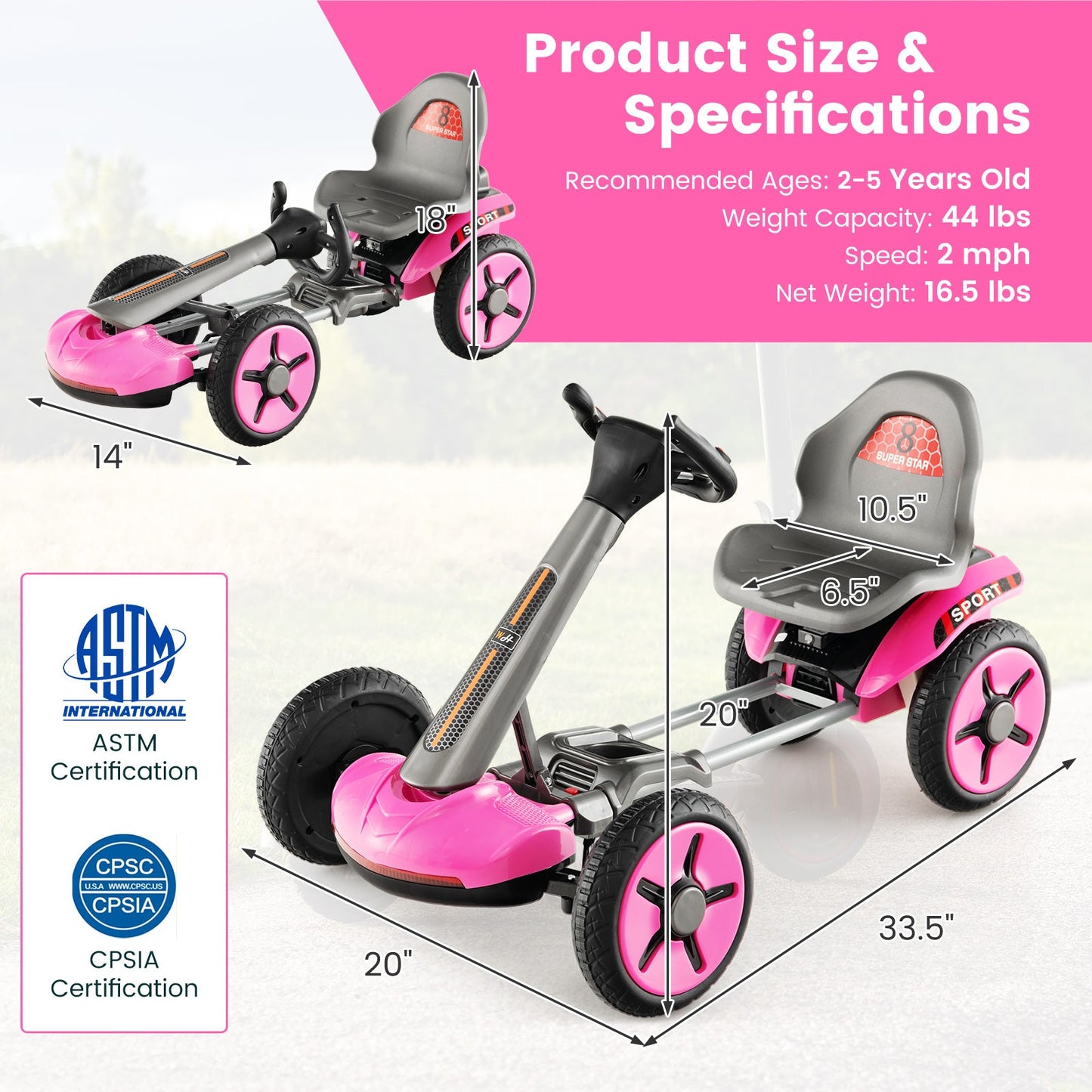 Coche de Juguete de 4 Ruedas a Pedales - Dirección y Asiento Ajustables - Rosa