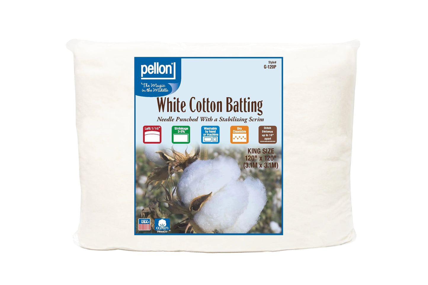 Pellon® White Cotton Batting with Scrim - King Size 120" x 120"