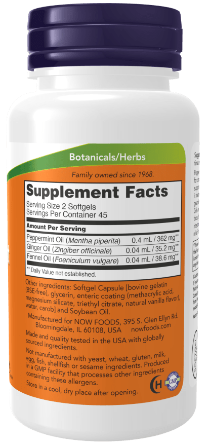 NOW® Peppermint Gels – Enteric-Coated Softgels with Ginger & Fennel