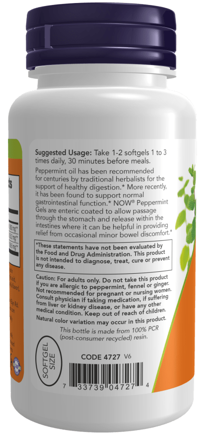 NOW® Peppermint Gels – Enteric-Coated Softgels with Ginger & Fennel