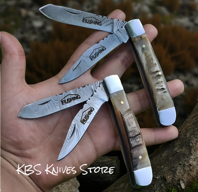 Customizable Double Damascus Trapper Knife with Leather Sheath - Korvel