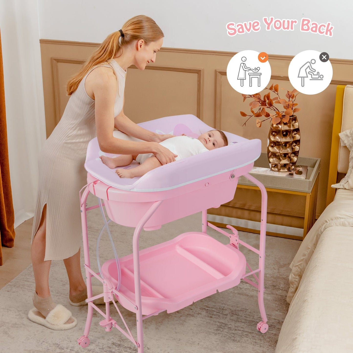 Table à langer pliable avec baignoire - Rose