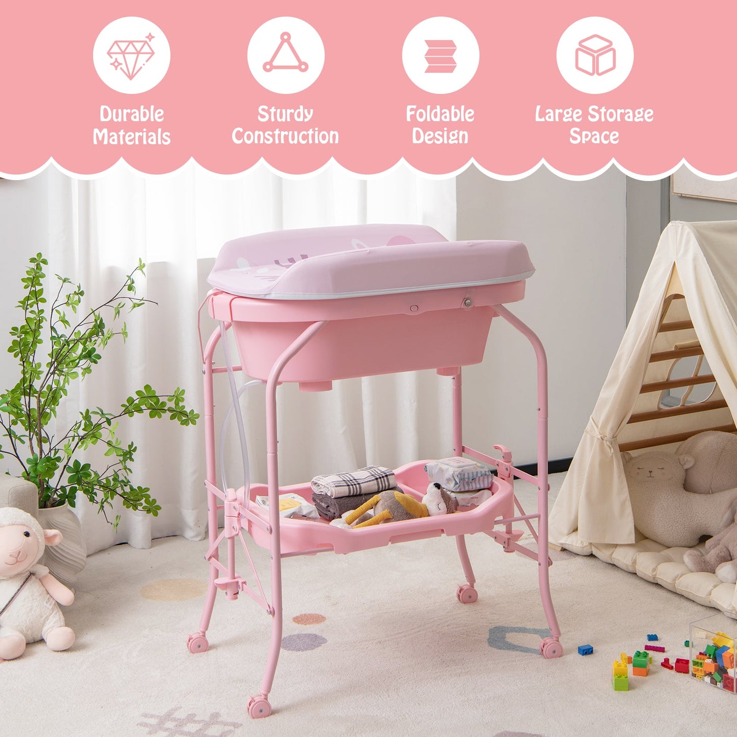 Table à langer pliable avec baignoire - Rose