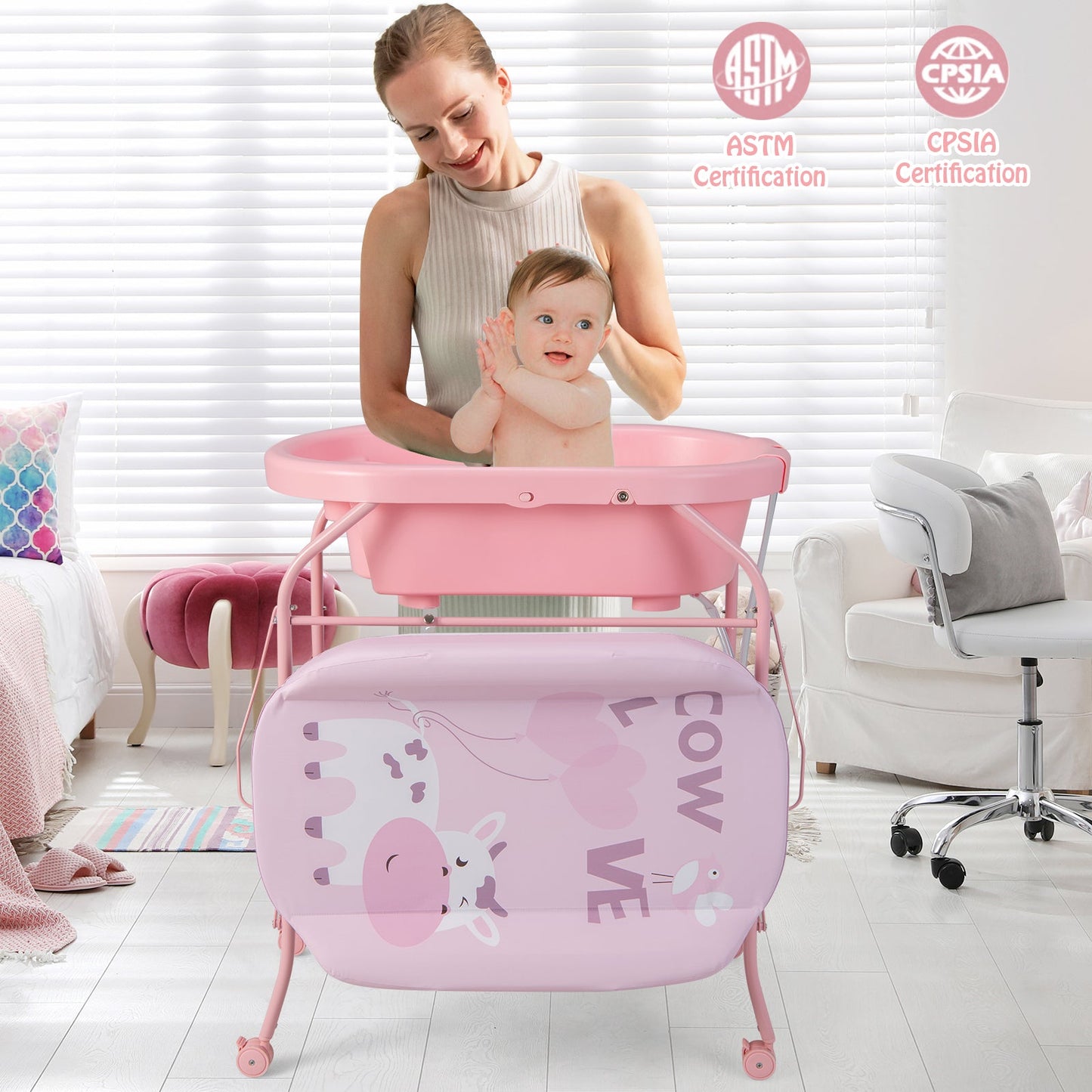 Table à langer pliable avec baignoire - Rose