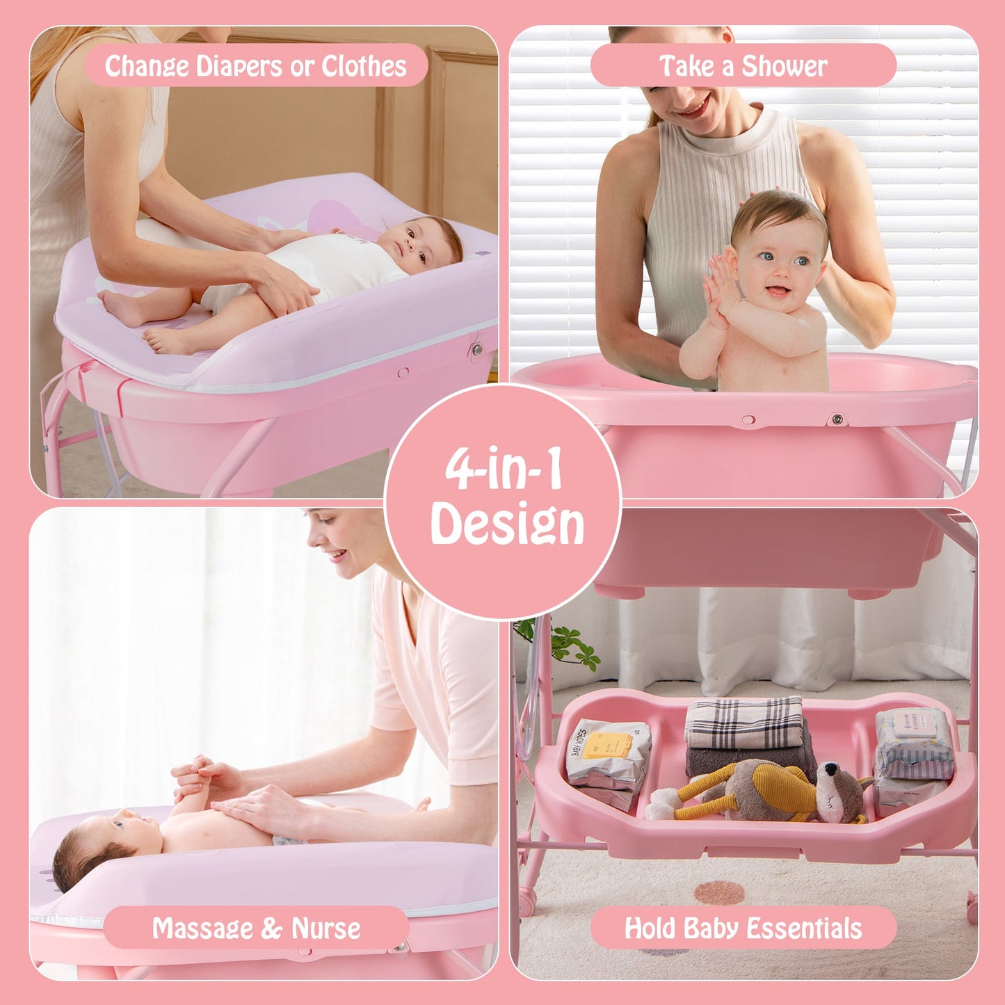 Table à langer pliable avec baignoire - Rose