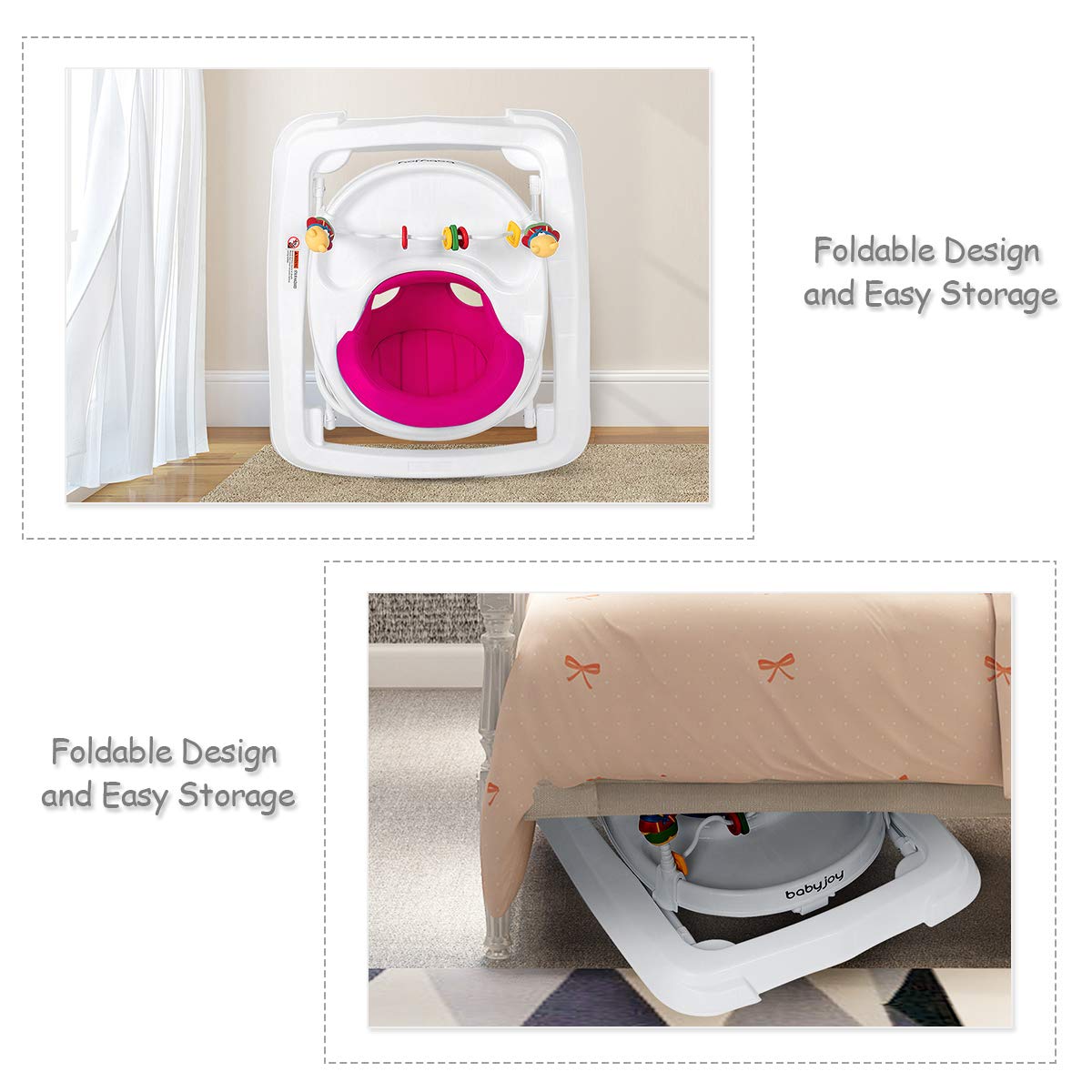 Adjustable Height Removable Folding Portable Baby Walker - Pink