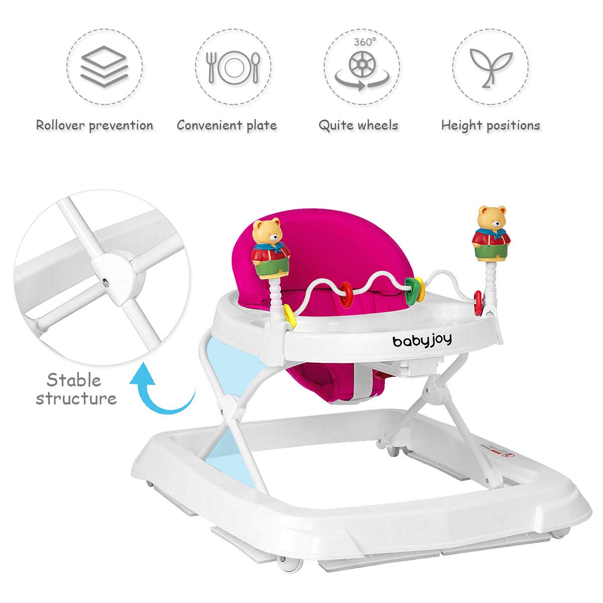 Adjustable Height Removable Folding Portable Baby Walker - Pink