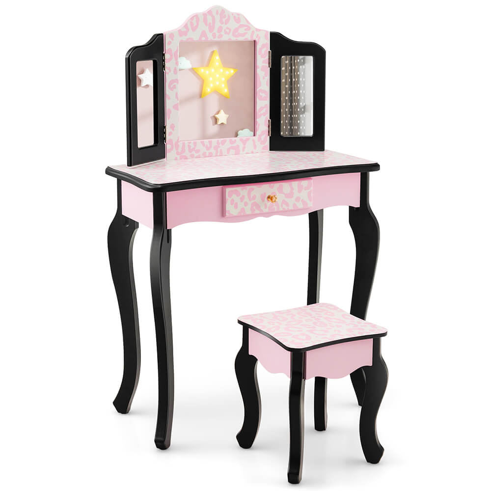 Kid Vanity Set with Tri-Folding Mirror and Leopard Print