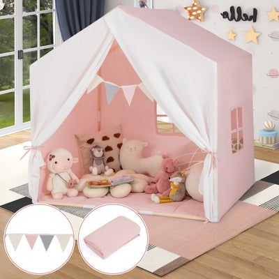 Kid's Play Tent with Washable Cotton Mat and Flag Banner - Pink