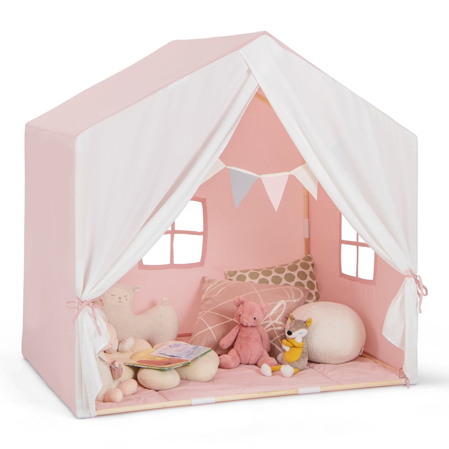 Kid's Play Tent with Washable Cotton Mat and Flag Banner - Pink