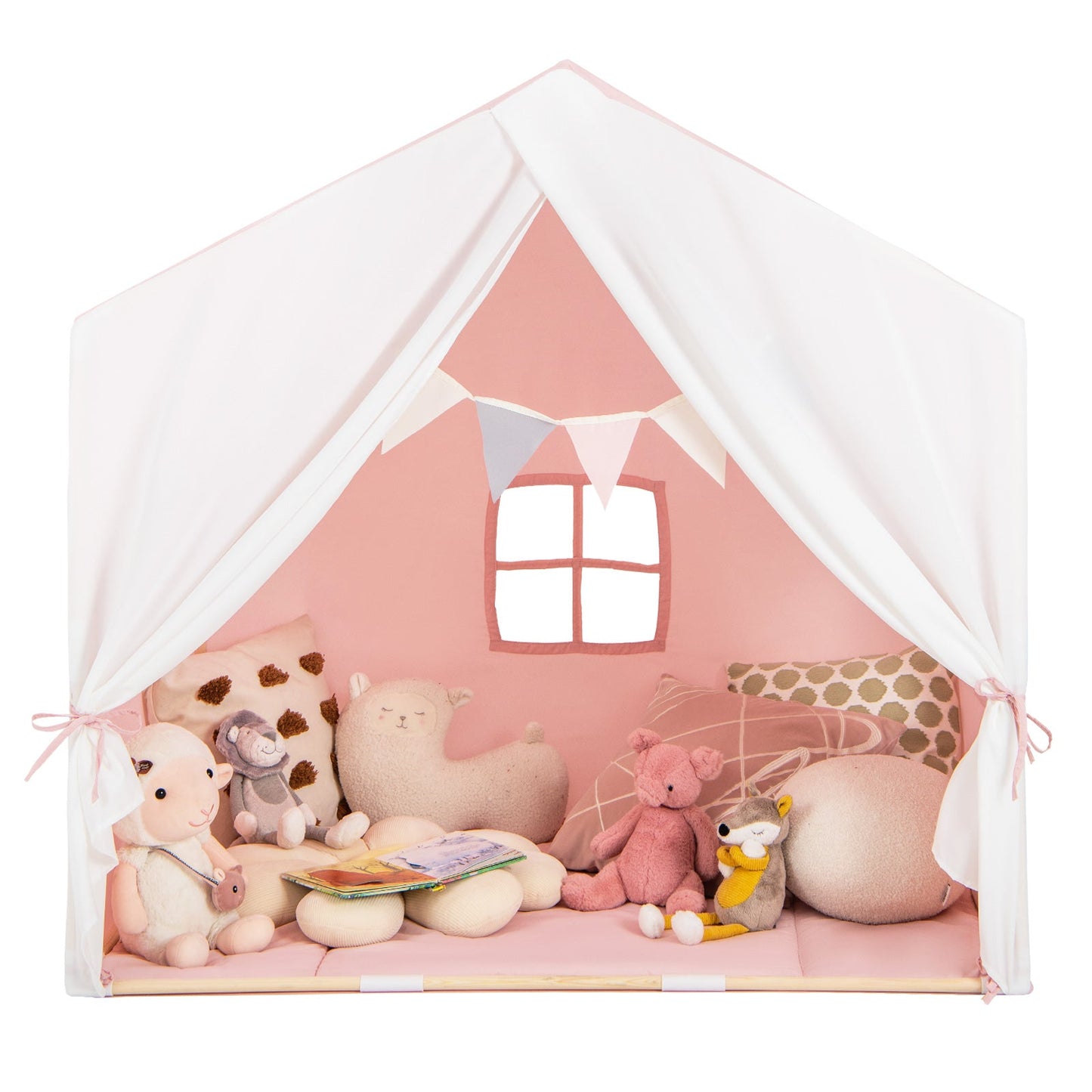 Kid's Play Tent with Washable Cotton Mat and Flag Banner - Pink