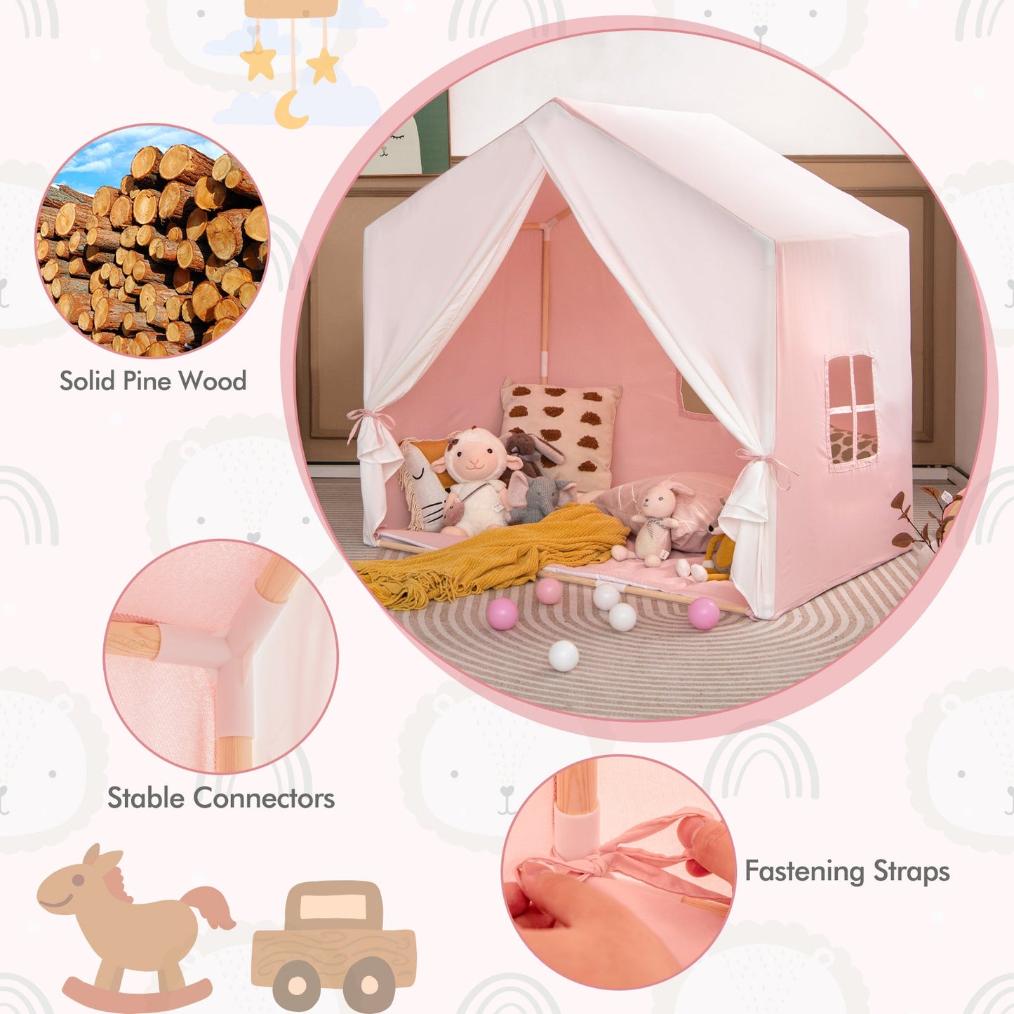 Kid's Play Tent with Washable Cotton Mat and Flag Banner - Pink