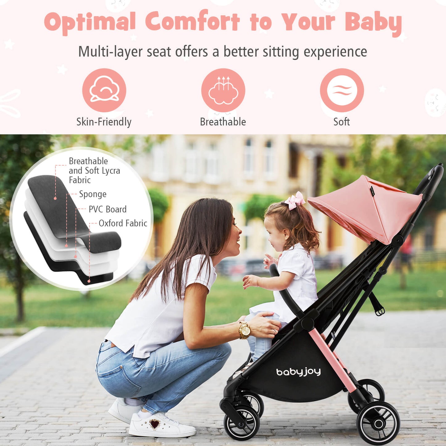 One-Hand Folding Portable Lightweight Baby Stroller - Pink