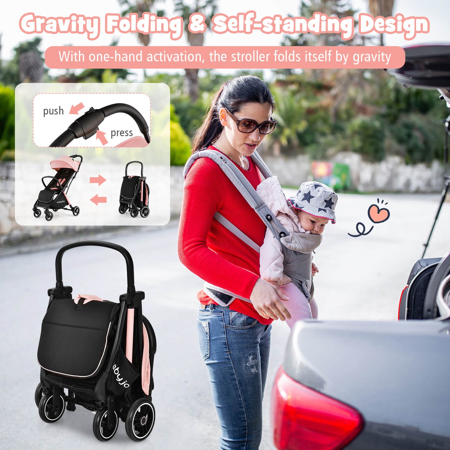 One-Hand Folding Portable Lightweight Baby Stroller - Pink