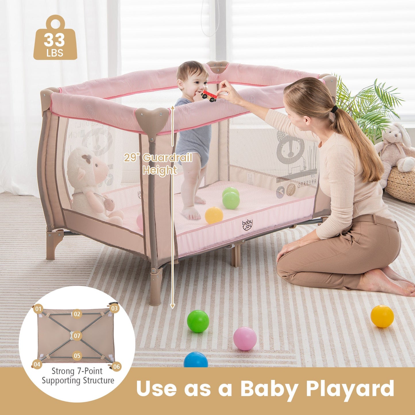 Portable Baby Playard with Changing Table & Music Box - Pink